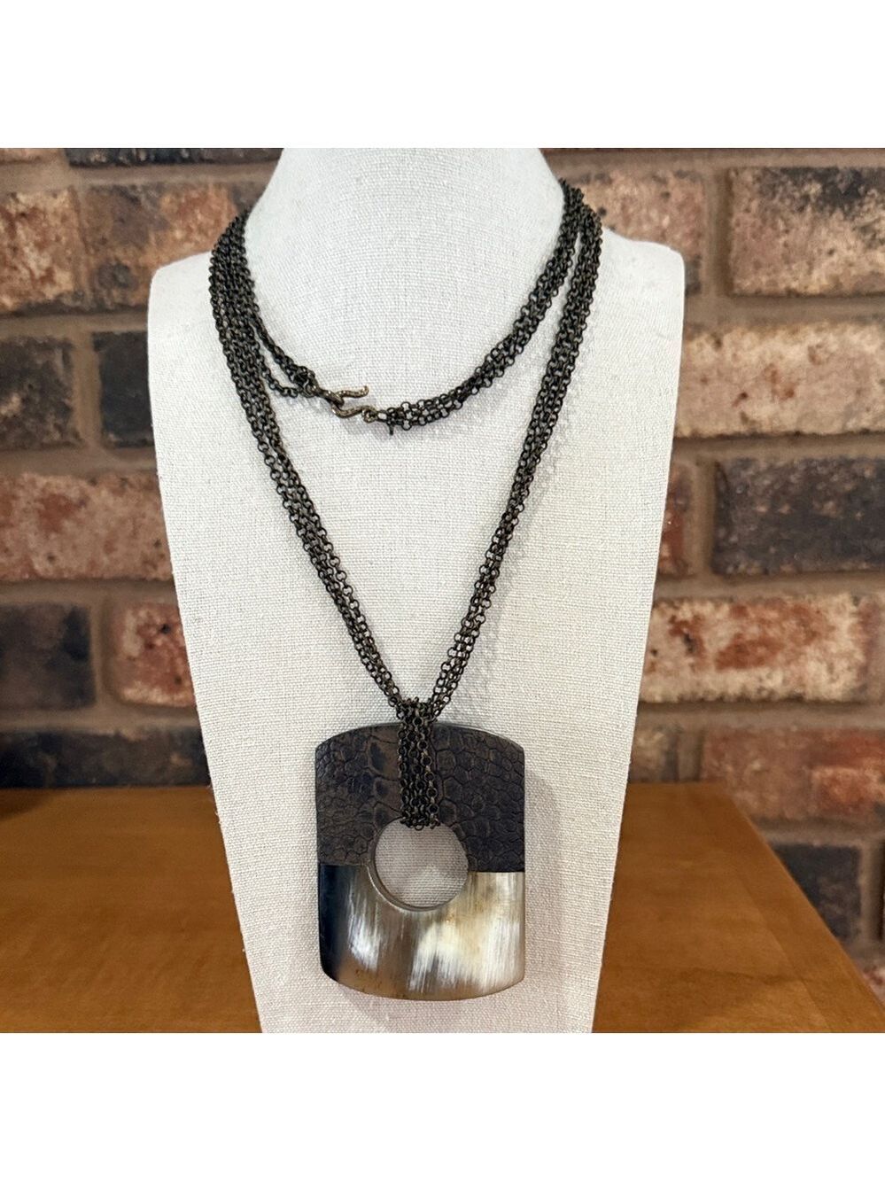 Buffalo Horn Pendant on triple strand brass chain Necklace